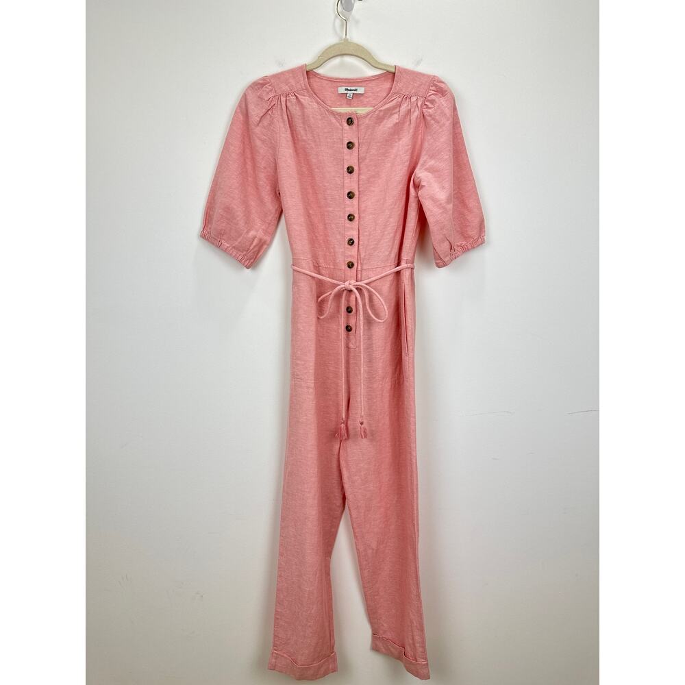 NEW Madewell Linen Blend Puff Sleeve Tassel Tie Jumpsuit Relaxed Fit Pink XXS - Picture 4 of 16